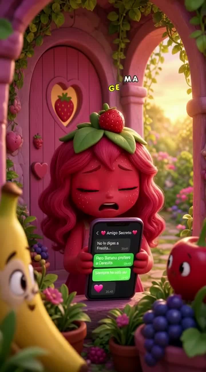 Frutinovela, Fresita, Banano, Cerezita, Uvita, traición, drama… — AI cartoon