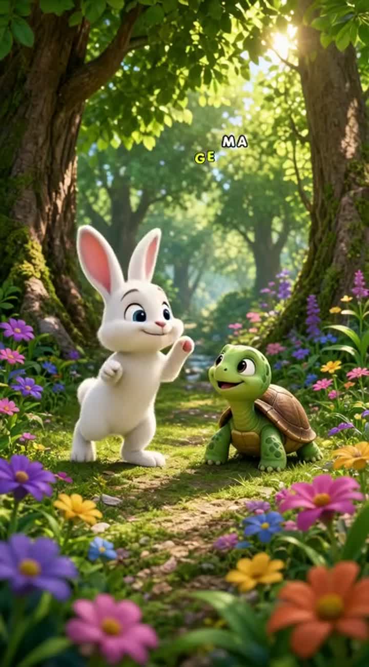 A little rabbit and a baby turtle are playing in a beautiful green… — AI cartoon