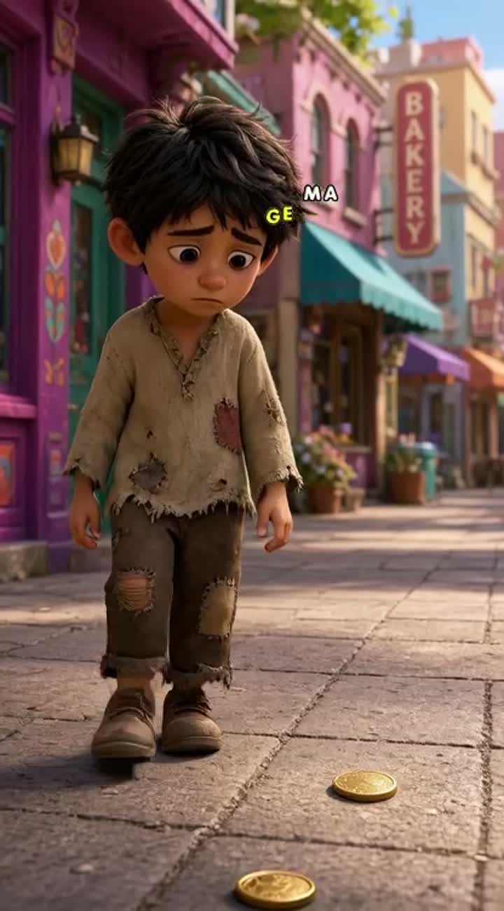 A cute poor little boy wearing old clothes walks sadly along… — AI cartoon