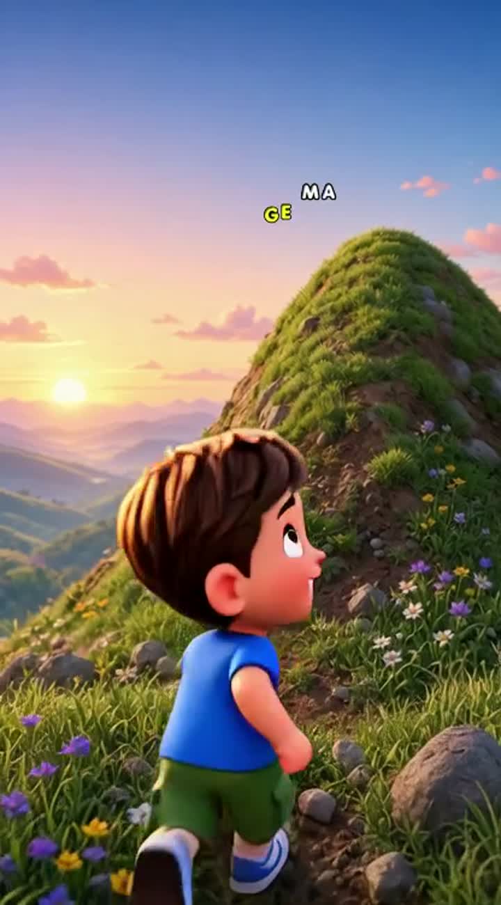 A cute 3D cartoon boy named Alex tries to climb a hill… — AI cartoon