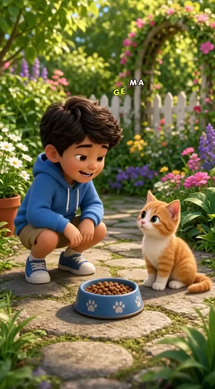 A little boy named Adam sees a small hungry cat in a beautiful garden — AI cartoon