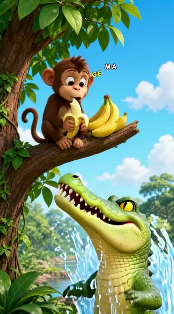Story: A clever little monkey is eating bananas on a tree — AI cartoon