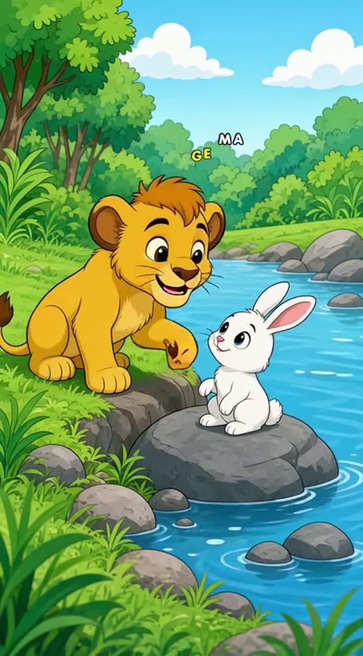 Classic 2D kids cartoon, same golden lion cub Leo gently helping… — AI cartoon