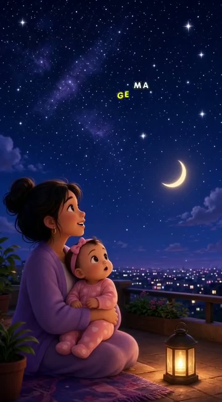 A baby girl and her mother at the night time seeing the stars… — AI cartoon