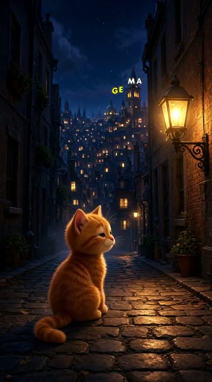The adorable kitten safely reaches the end of the alley and turns… — AI cartoon