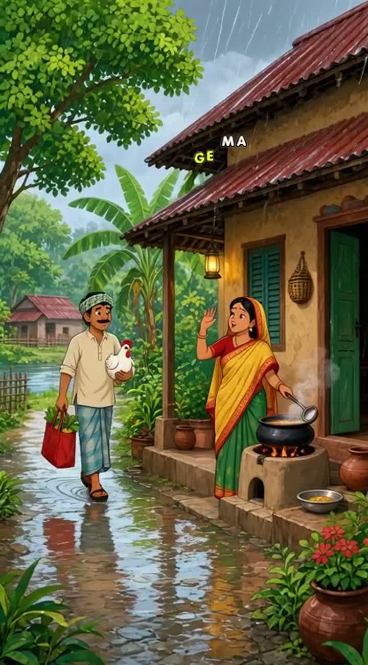 2D animated cartoon set in a beautiful Bangladeshi village during… — AI cartoon