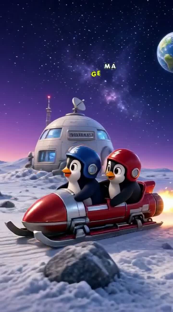 Two penguins racing a Create a 3D cartoon video about planet Earth — AI cartoon