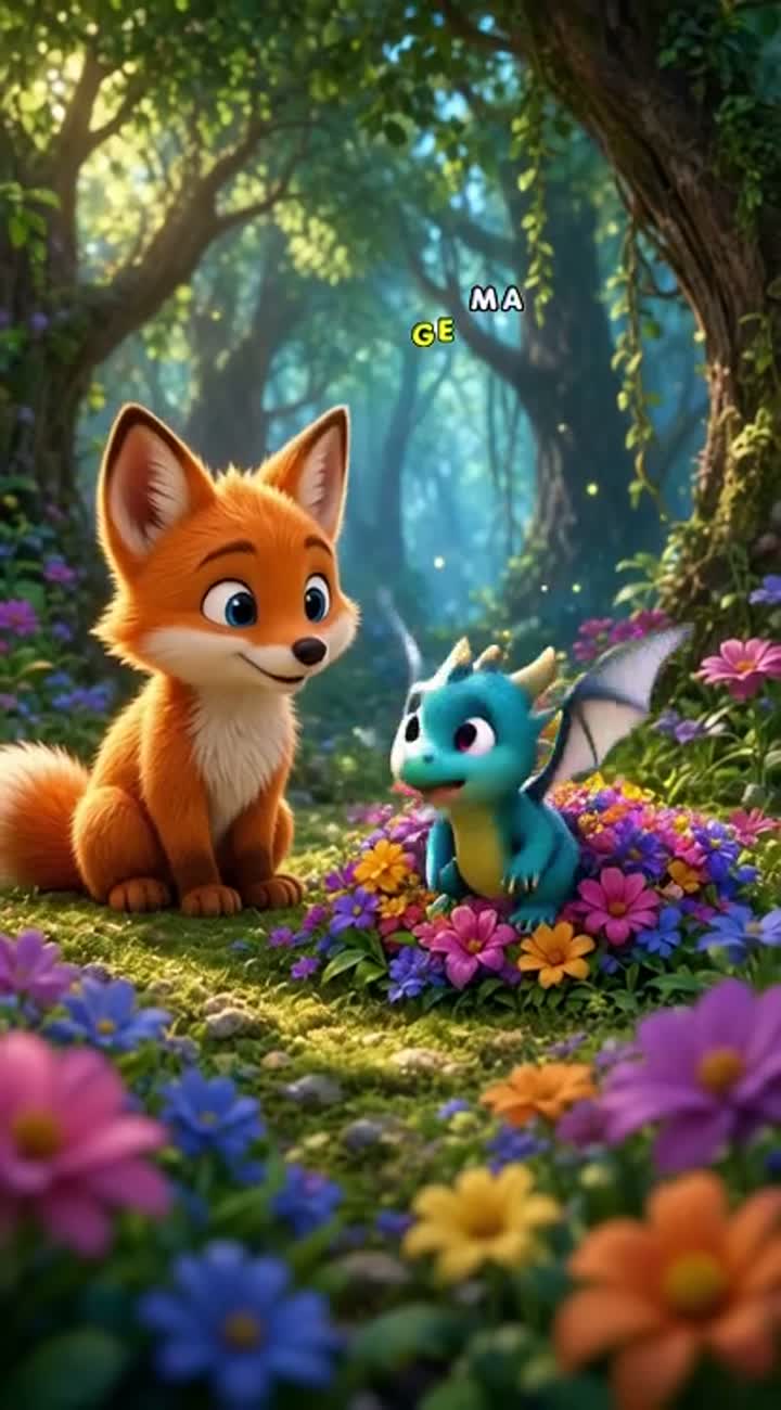 A cute little orange fox with big blue eyes meets a tiny baby… — AI cartoon