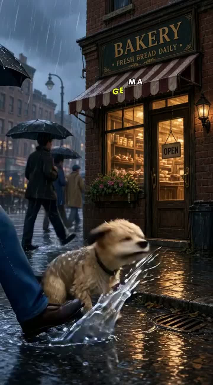 Opening: We see the rainy bakery scene from the original concept… — AI cartoon