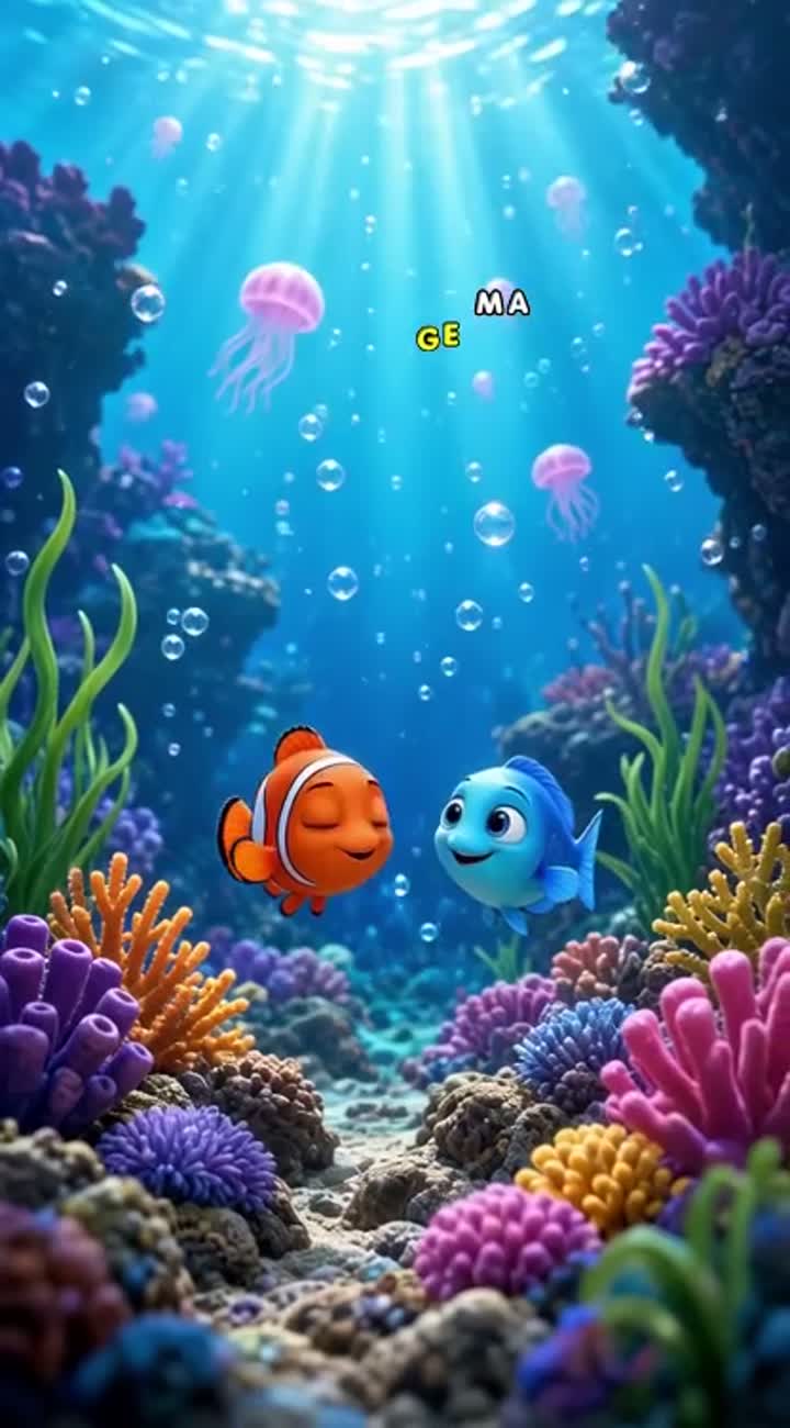 Cute, colorful 3D animated underwater adventure featuring a tiny… — AI cartoon