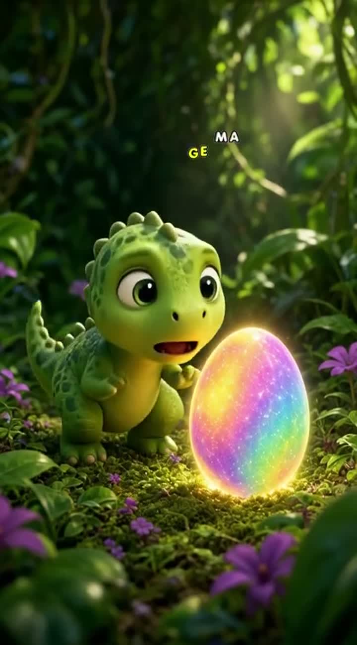 A cute baby green dinosaur with huge sparkling eyes discovers… — AI cartoon