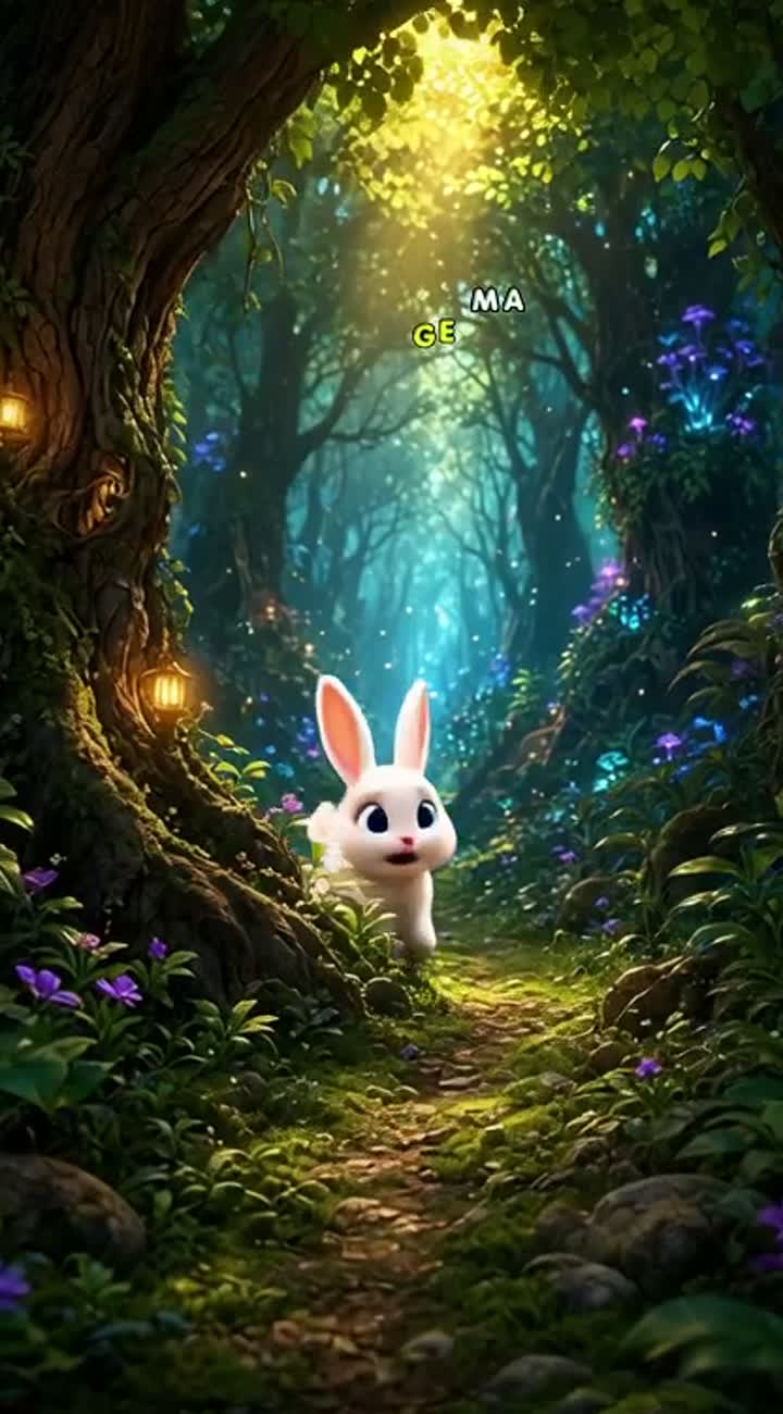 A cute little rabbit gets lost in a magical forest and meets… — AI cartoon