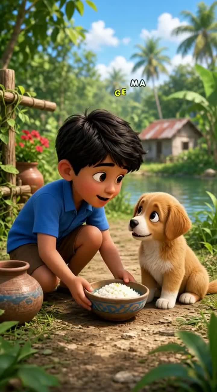 A cute 3D cartoon boy in a blue shirt helps a hungry little puppy… — AI cartoon
