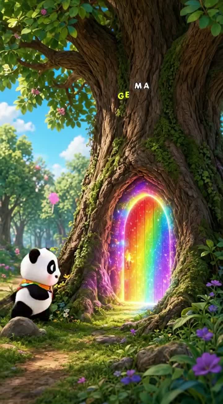 Cute baby panda discovers a glowing rainbow door behind a giant tree — AI cartoon