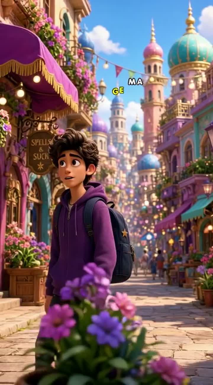 A funny 18-year-old boy walks through a magical city — AI cartoon