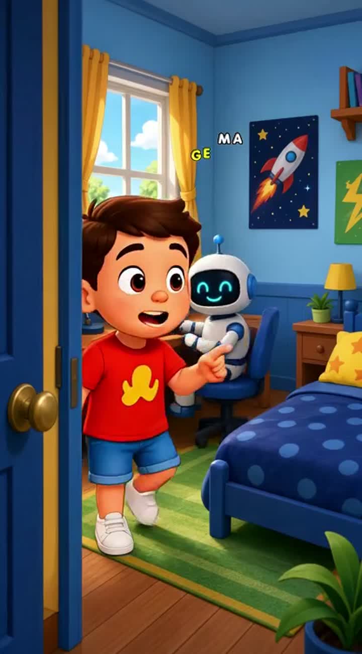 A cartoon boy enters his room and finds a small robot sitting… — AI cartoon