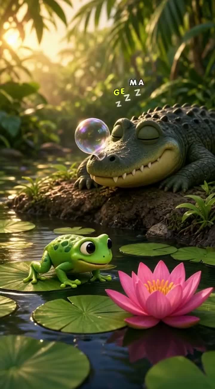 3D animated movie quality, vertical 9:16, tropical pond… — AI cartoon