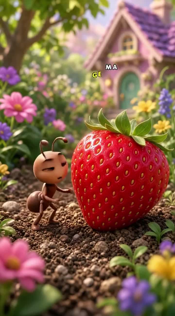 A cute tiny 3D cartoon ant discovers a giant shiny red strawberry… — AI cartoon