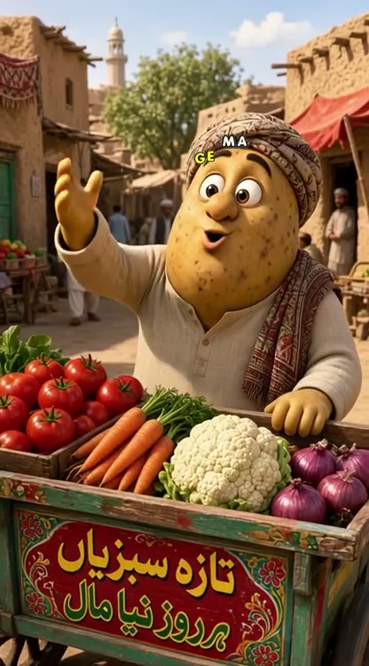 Funny realistic 3D anthropomorphic potato vegetable seller… — AI cartoon