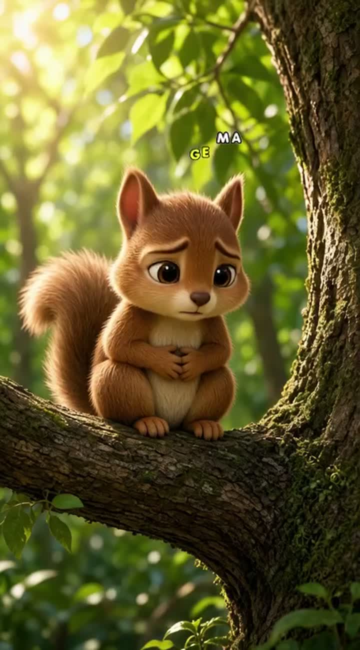 Cute 3D squirrel sitting on a tree branch, holding its stomach… — AI cartoon