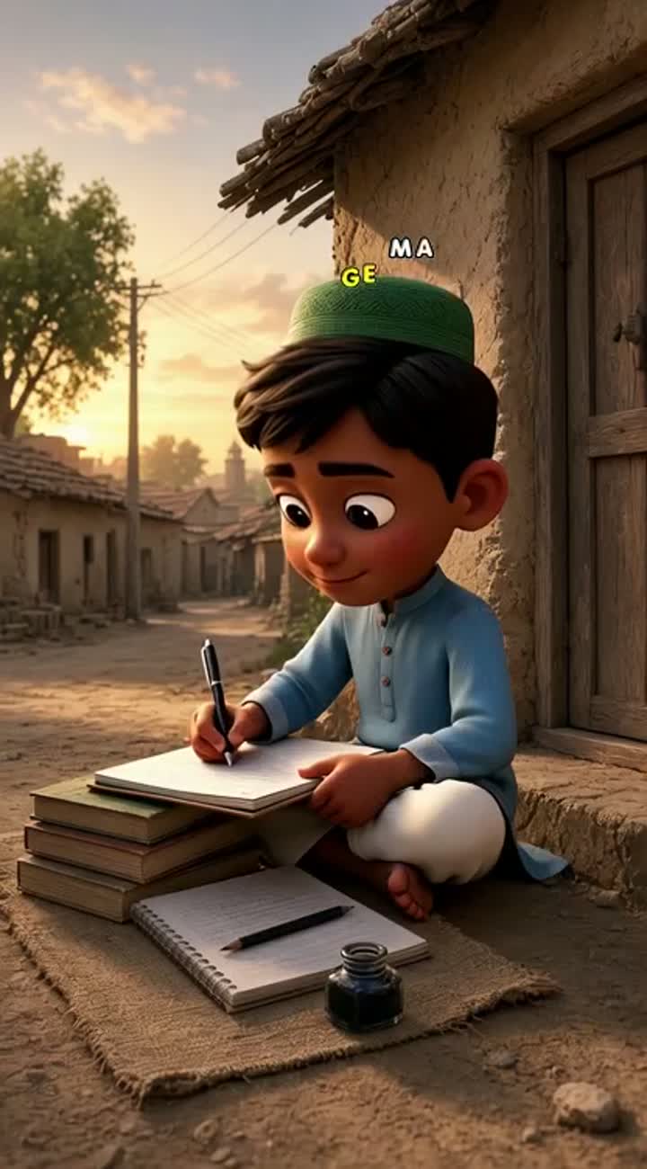 A poor Pakistani village boy studies hard and dreams of becoming… — AI cartoon