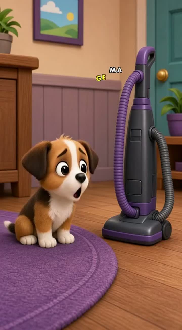 Little puppy who's afraid of a vacuum cleaner make a part 1,2,3… — AI cartoon