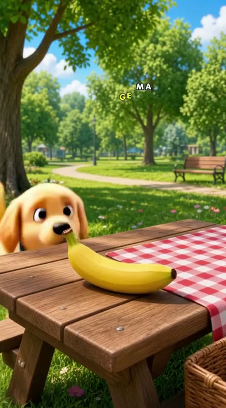 STORY: In a sunny park, Buddy spots a banana on a picnic table — AI cartoon
