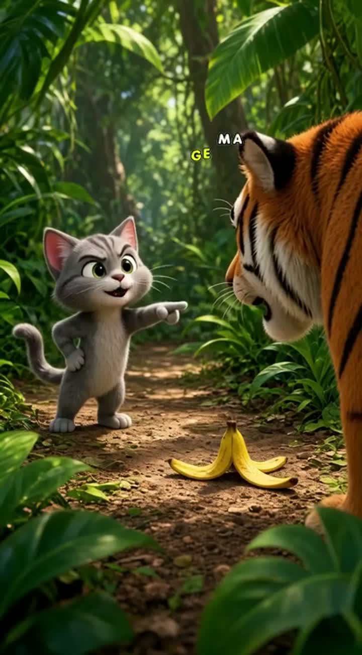 A funny 3D cartoon cat challenges a big tiger to a race in a jungle — AI cartoon