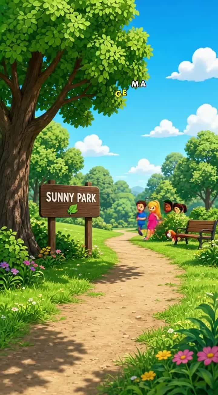 Sunny park with four kids and a lost dog Animated cartoon… — AI cartoon