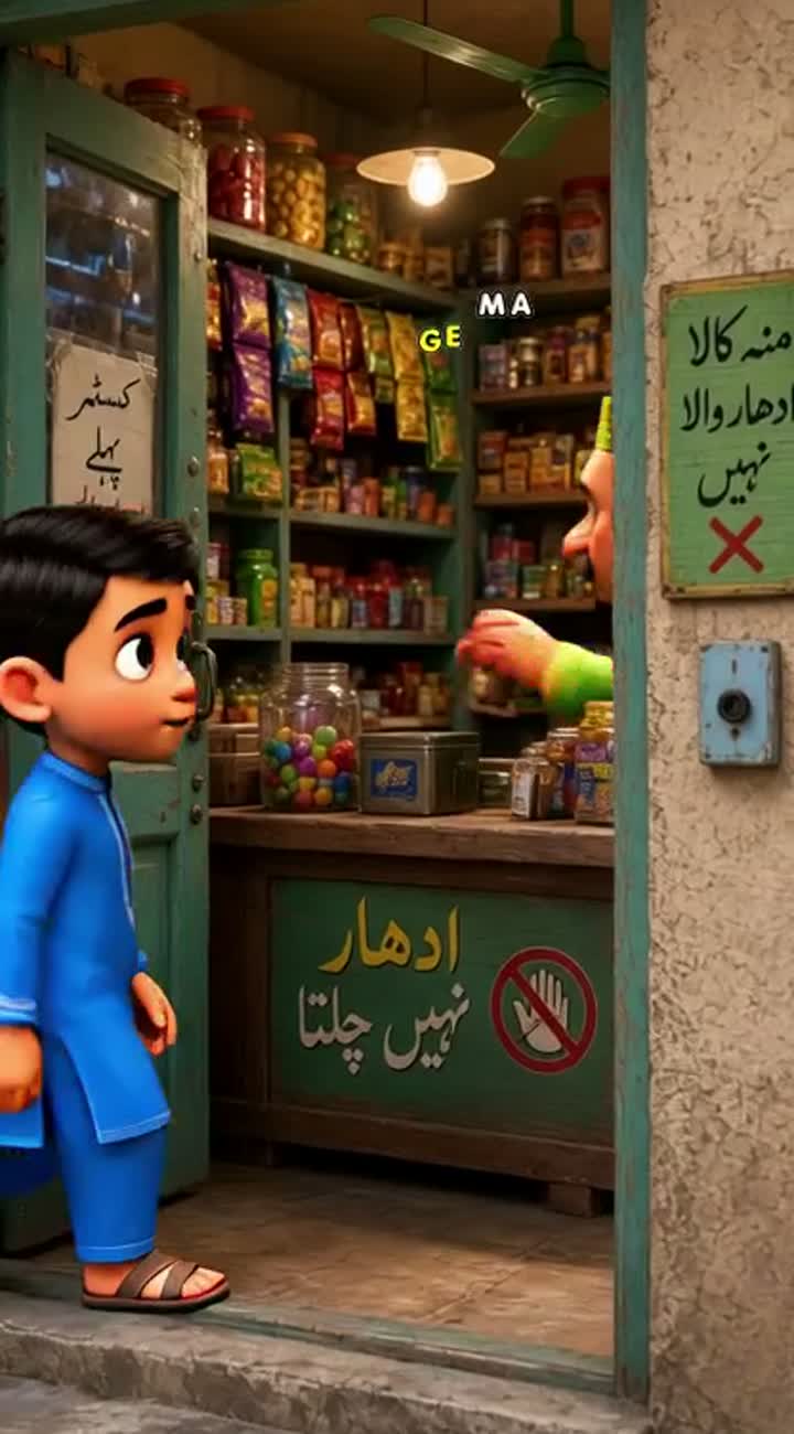A young Pakistani boy in a blue shalwar kameez walks into a small… — AI cartoon
