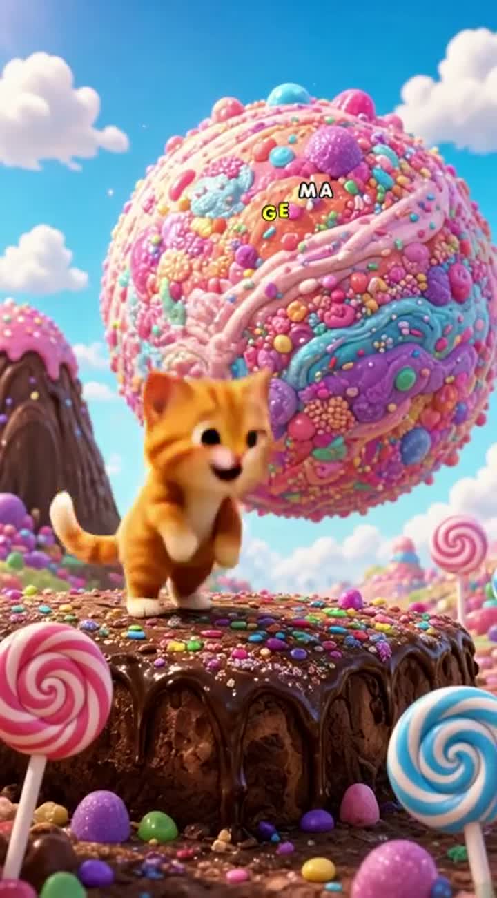 A cute little orange cat named Milo discovers a magical candy planet — AI cartoon