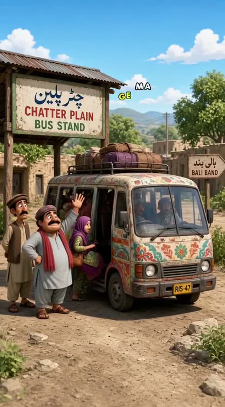 Funny vertical 3D cartoon video set at a small rural Pakistani… — AI cartoon