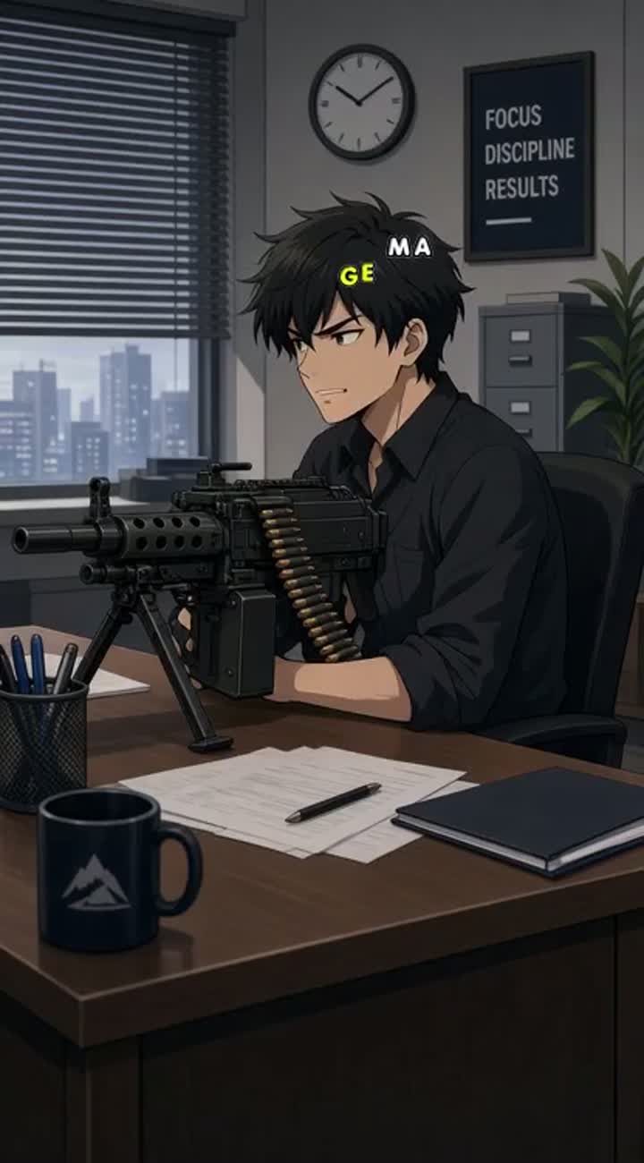 The anime guy sitting at the office place big machine gun Animated… — AI cartoon