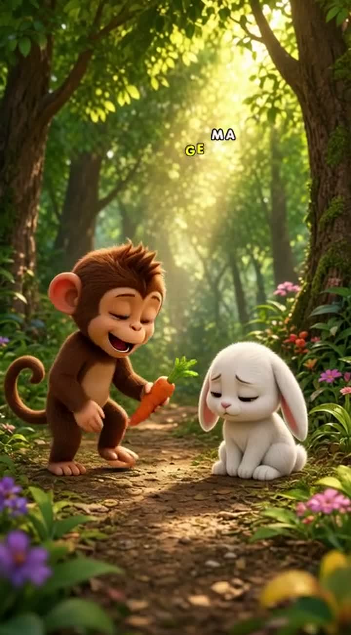 A cute monkey and a small white rabbit meeting in a lush, green forest — AI cartoon