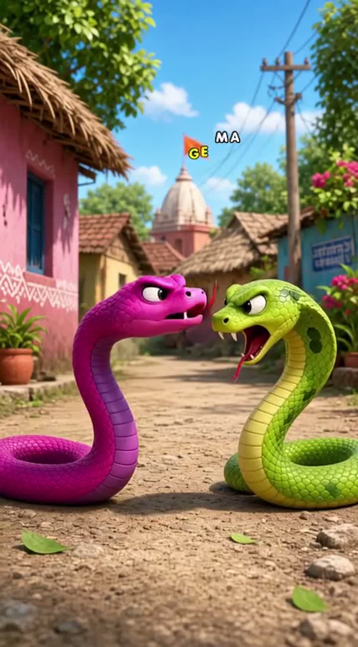 Funny 3D cartoon video of two colorful snakes arguing in an Indian… — AI cartoon