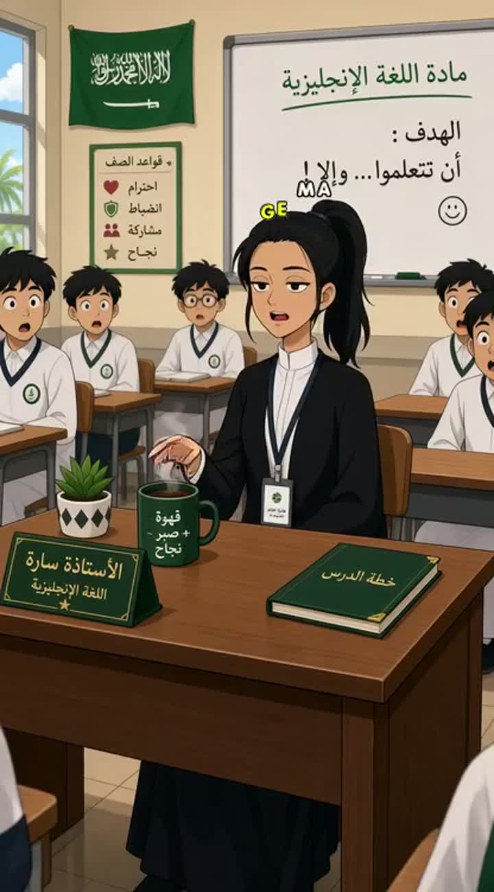 Funny anime-style Saudi high school classroom — AI cartoon