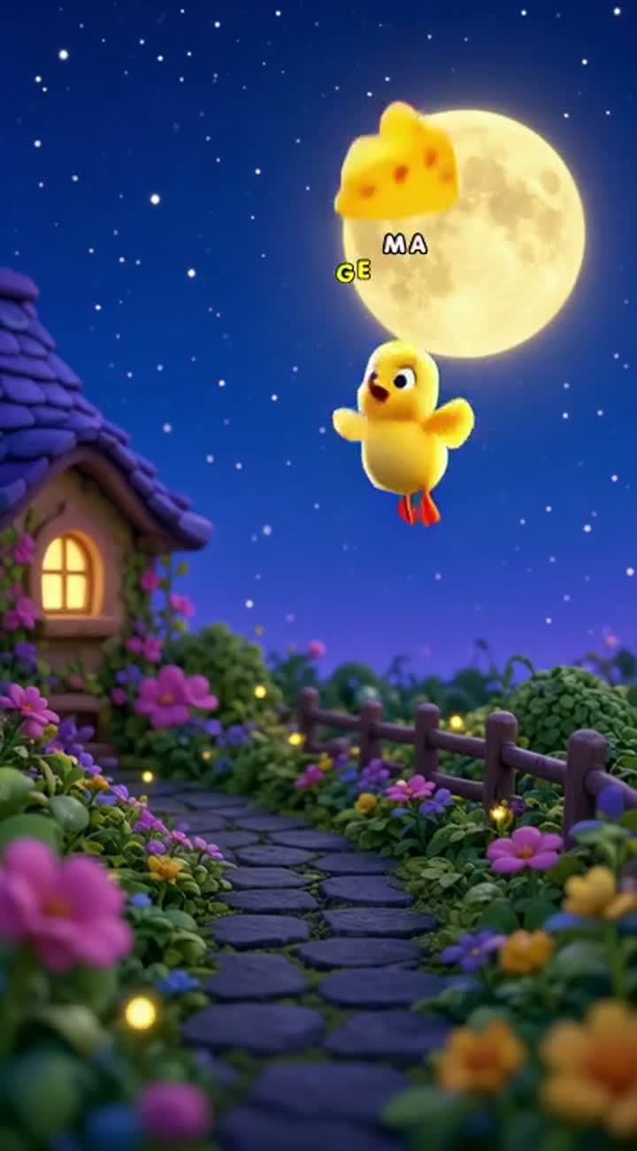 A cute tiny yellow baby chick sees the glowing full moon… — AI cartoon