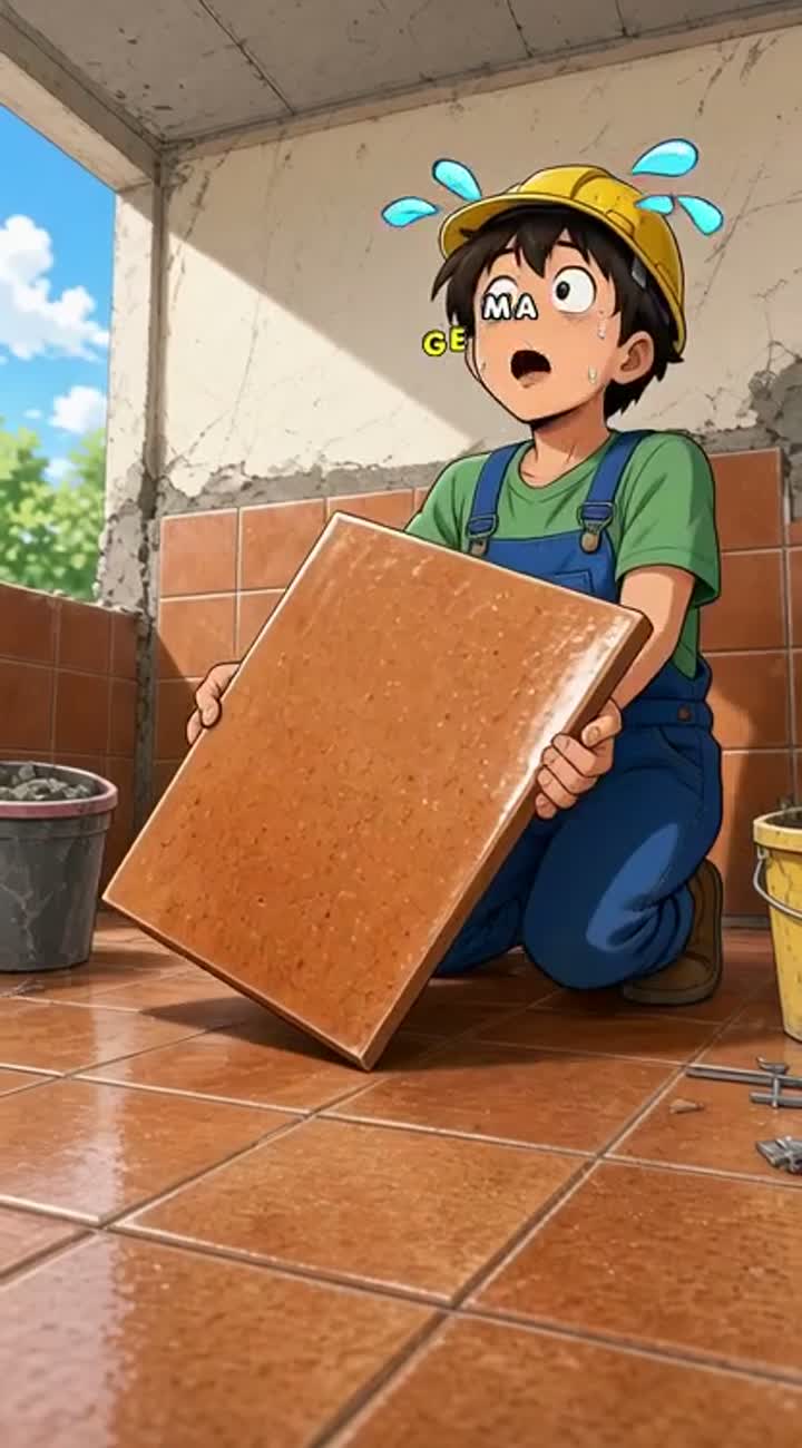 Anime style, clumsy young tiler trying to place a huge ceramic… — AI cartoon