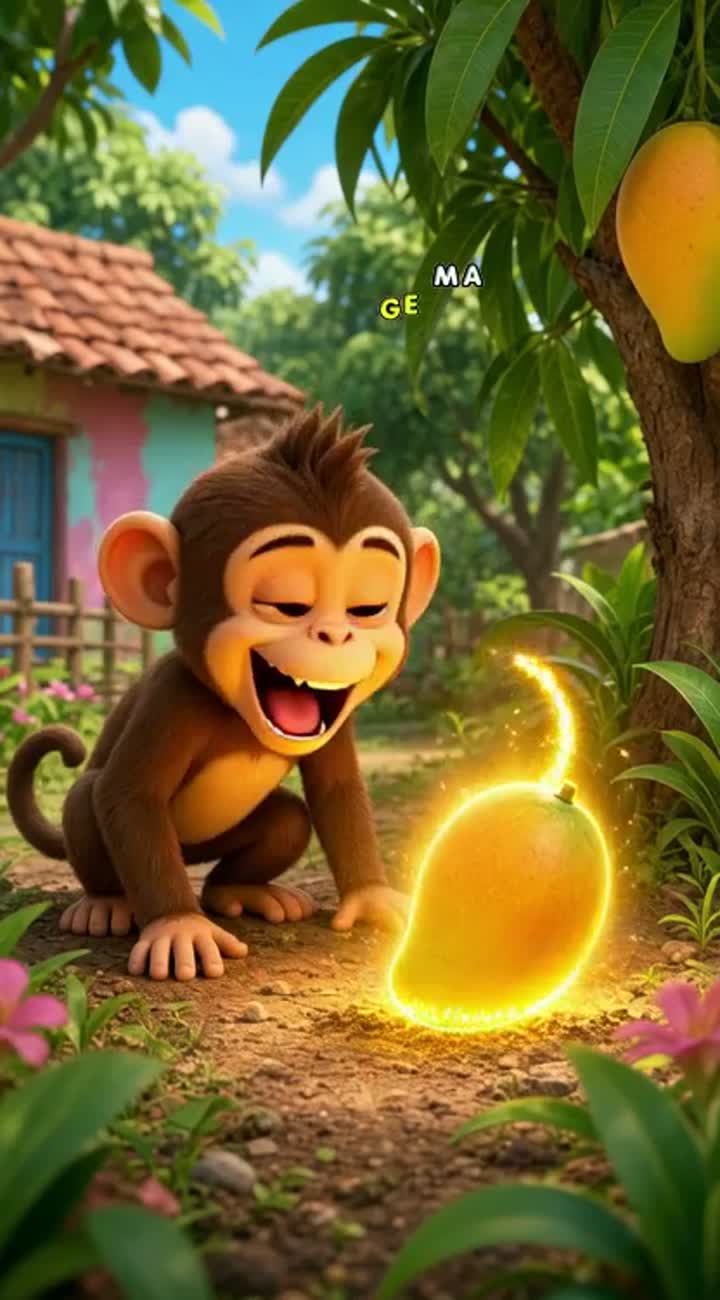 A cute little monkey finds a magical mango in a village garden — AI cartoon