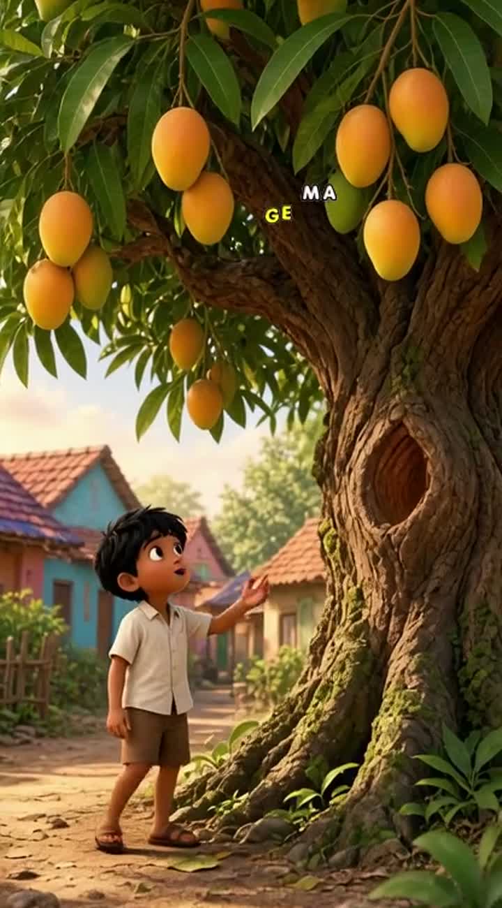 A cute little Indian village boy finds a magical talking mango tree — AI cartoon