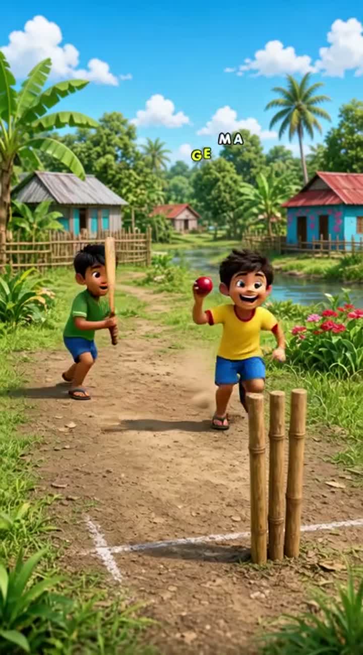 Two funny village boys playing cricket in a beautiful green… — AI cartoon