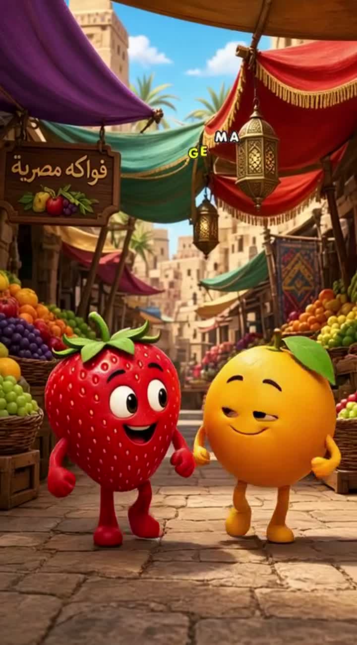 A funny red strwbary and a round orange a and going to a kitchen… — AI cartoon