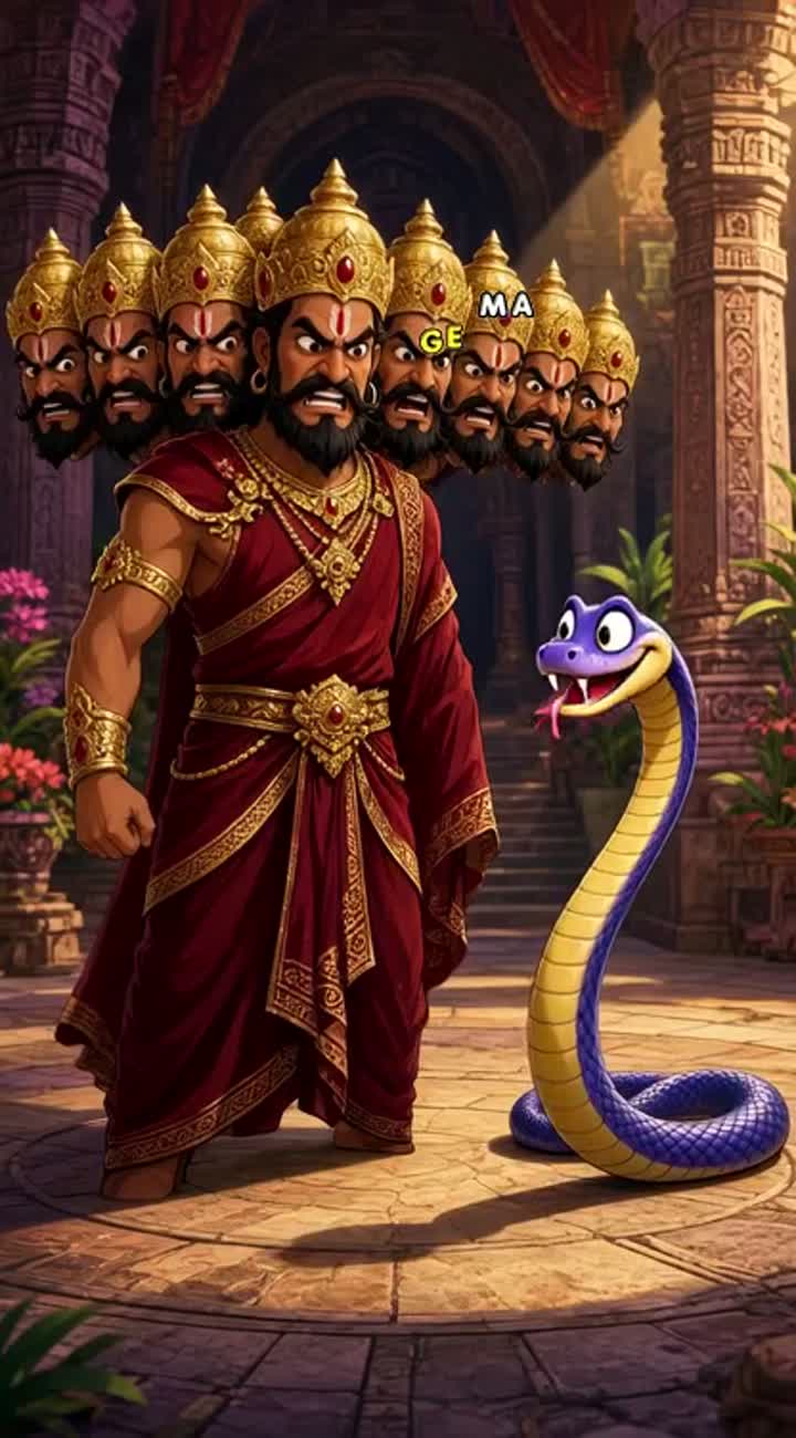 The snake laughs mischievously and says in Hindi, "दस सिर तो हैं… — AI cartoon