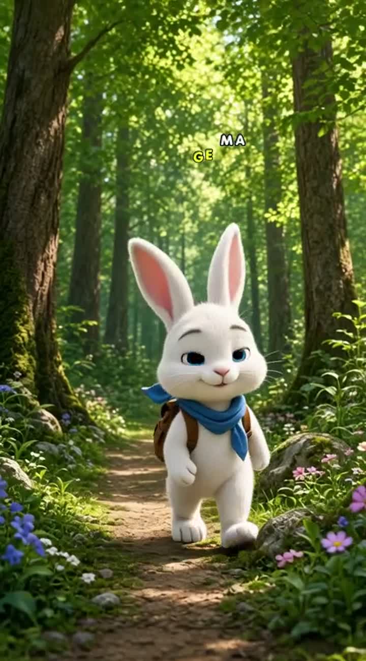 Cute white 3D cartoon rabbit walking through a beautiful green… — AI cartoon