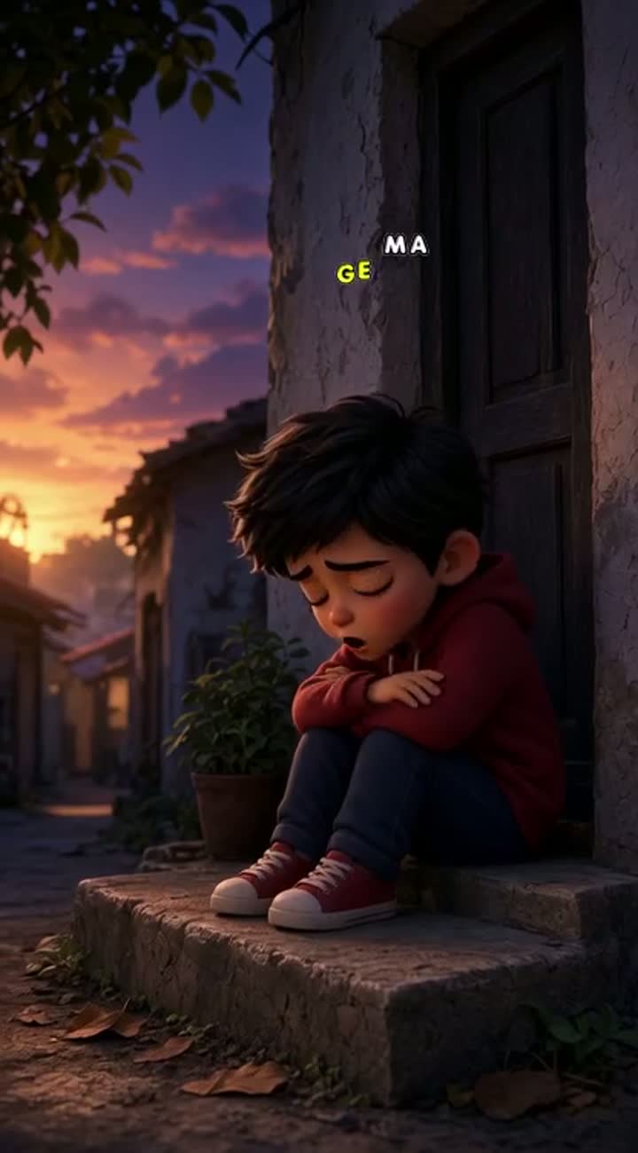 A cute little cartoon boy sitting sadly, emotional cinematic… — AI cartoon