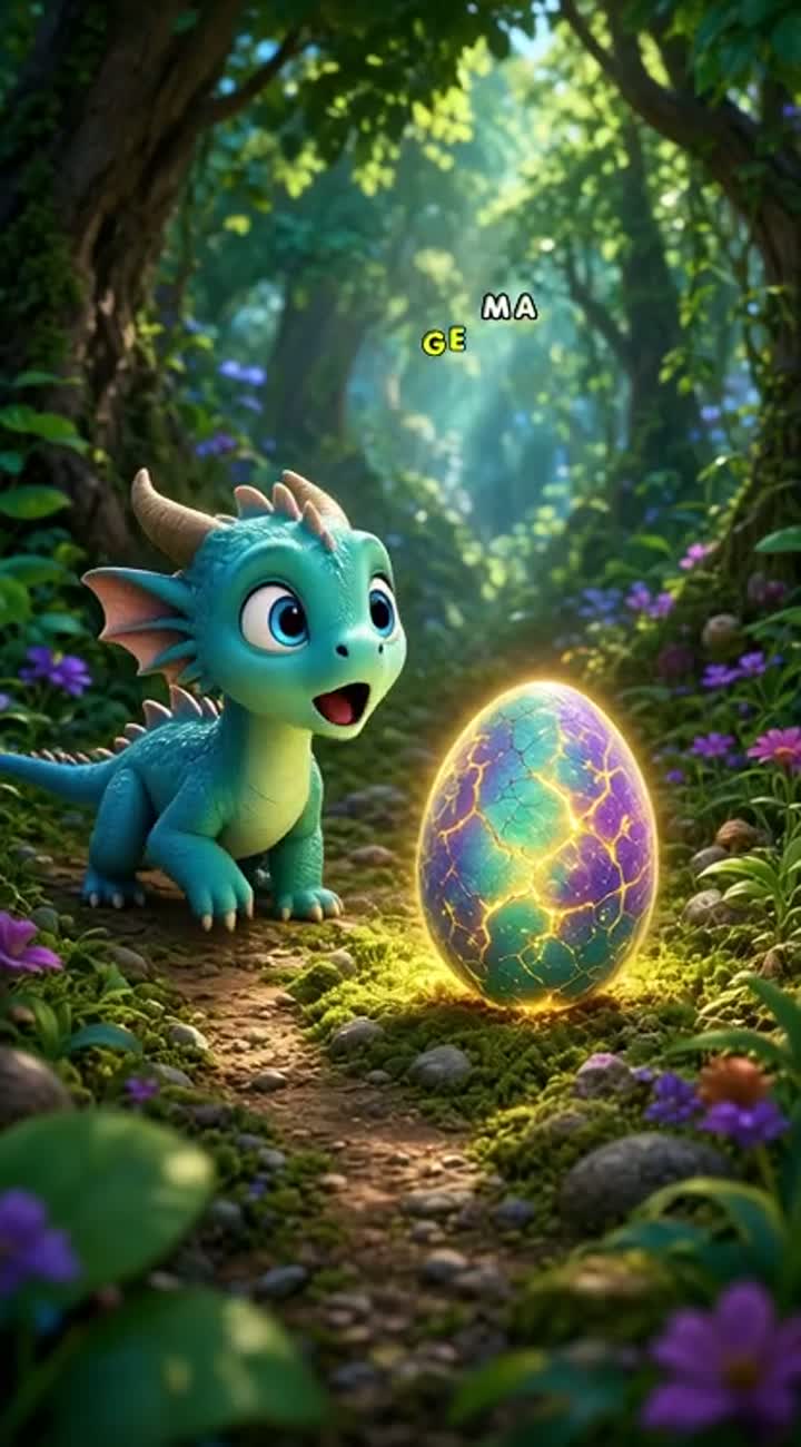 A cute little baby dragon with big blue eyes discovers a magical… — AI cartoon