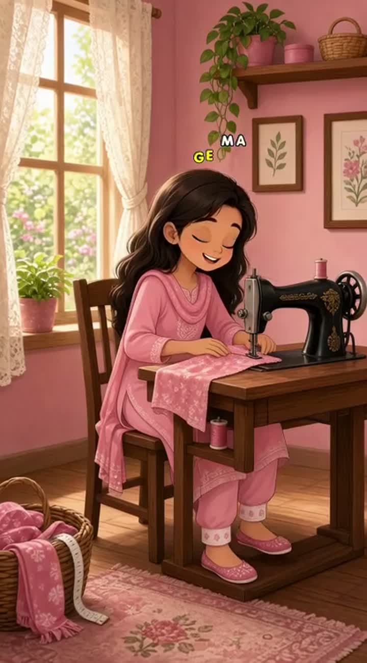 A girl with long hair, with big face, small body… — AI cartoon