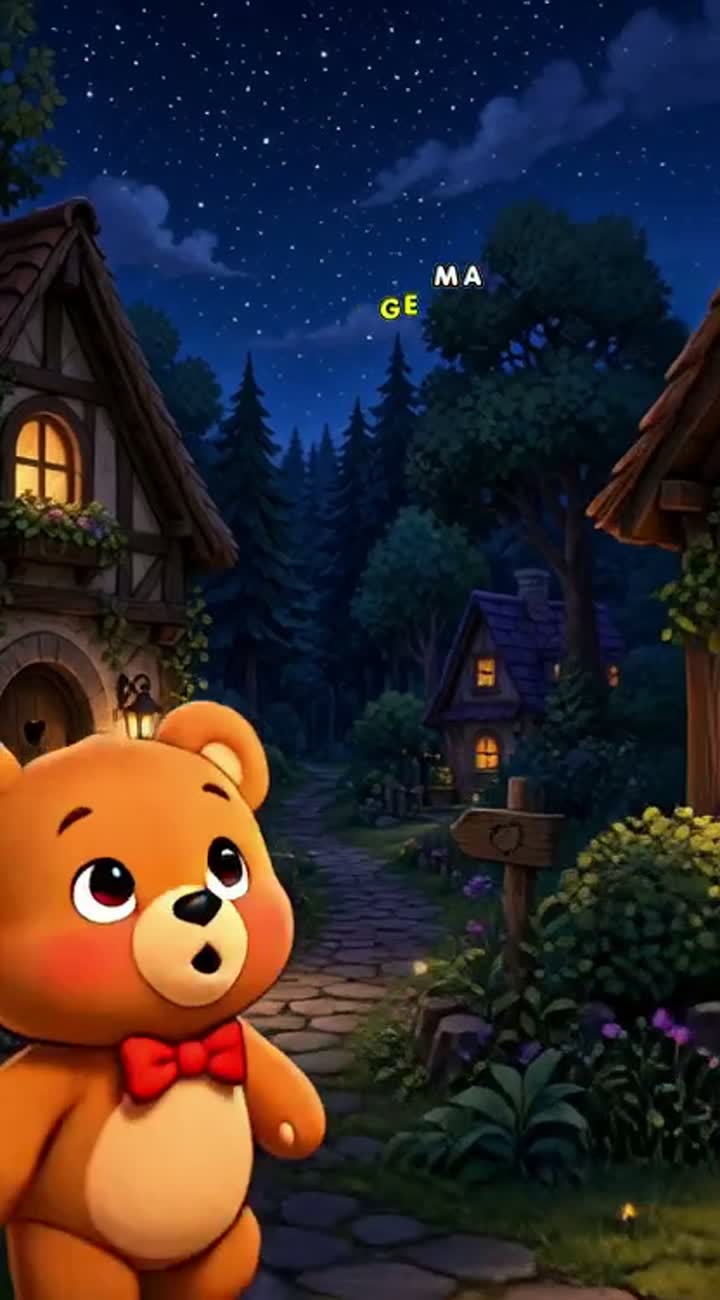 In a small village, a cute teddy bear named Lulu lives happily — AI cartoon