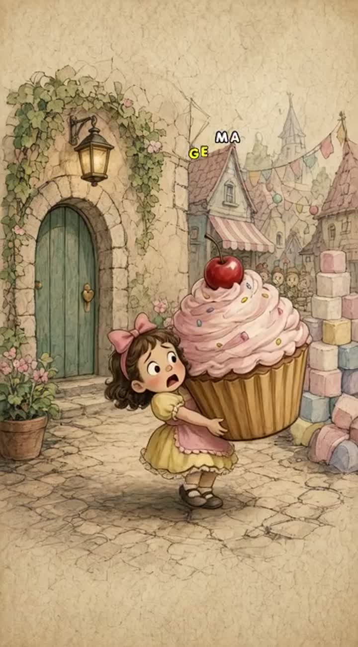She tries to carry the giant cupcake, but it rolls away… — AI cartoon