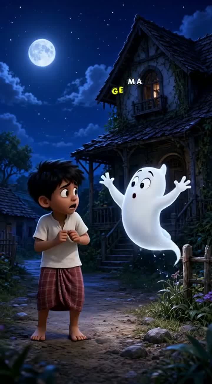 A funny little white ghost meets a young Indian village boy near… — AI cartoon